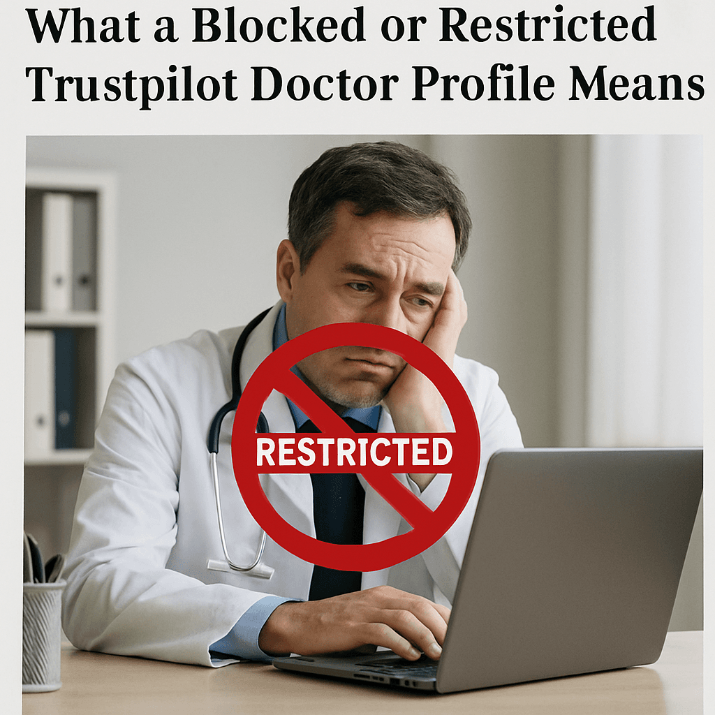 Médico descontento con un portátil, con un símbolo de restricción en el centro de la imagen.